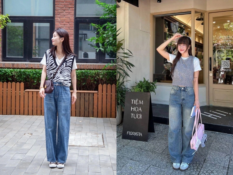 quần bò ống suông phối với áo gile