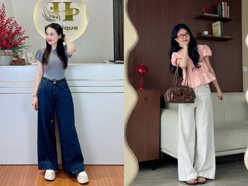 quần jean suông với áo tay bồng