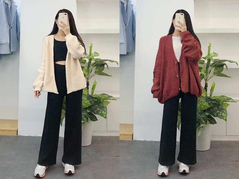 phối đồ với quần ống rộng đen