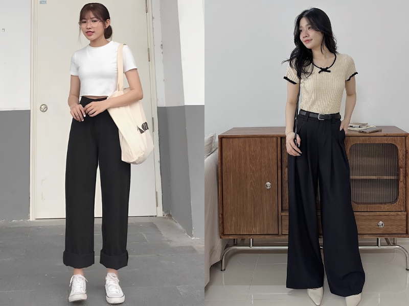 phối đồ với quần ống rộng đen
