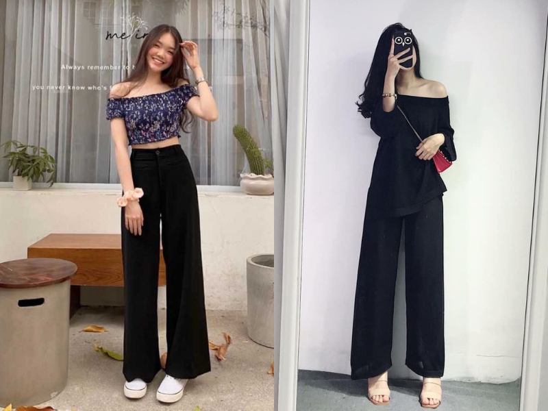 phối áo trễ vai với quần ống rộng đen