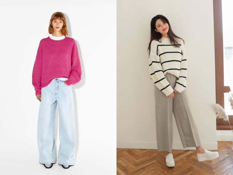 phối đồ với quần bò ống rộng mùa đông bộ đôi áo sweater và quần ống rộng