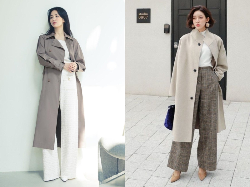 phối đồ mùa đông với quần ống rộng Quần suông ống rộng kết hợp với áo măng tô