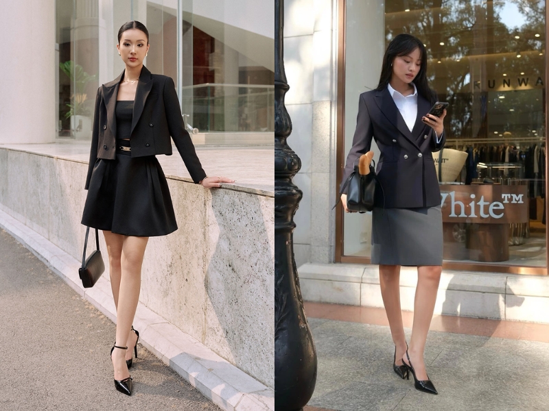 chân váy chữ a dáng ngắn phối với áo gì