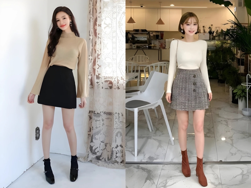 chân váy chữ a ngắn mặc với áo gì