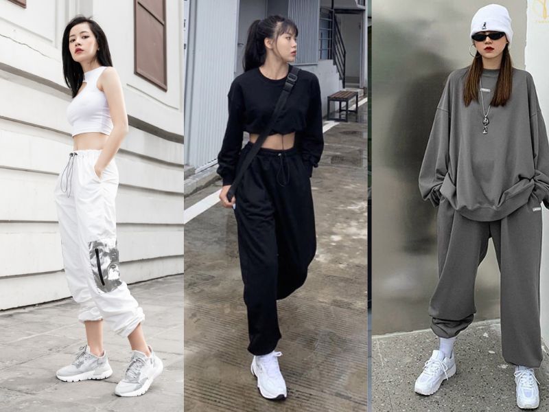 cách phối đồ với giày thể thao trắng nữ kết hợp quần jogger và giày trắng nữ