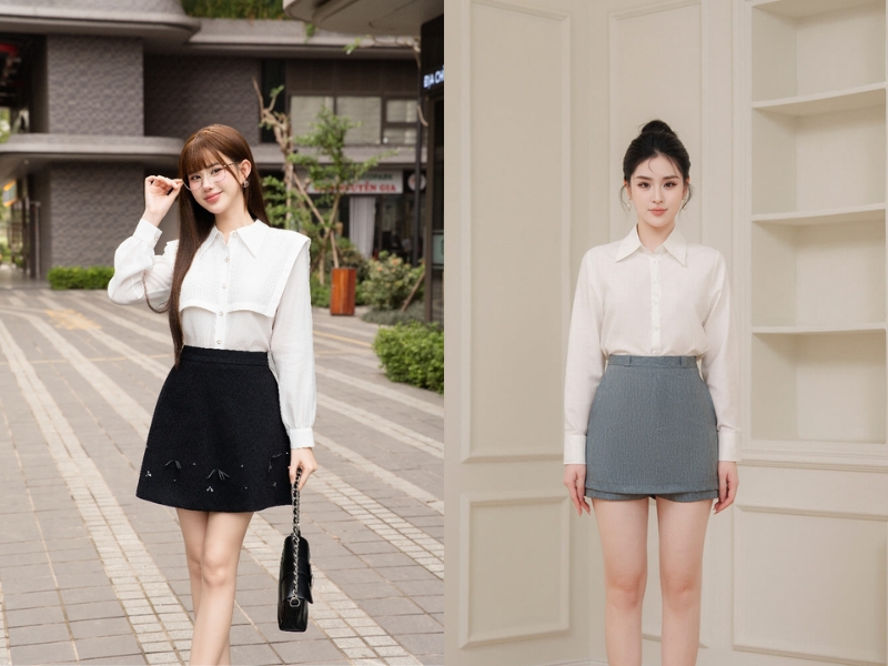 chân váy chữ a ngắn phối với áo gì
