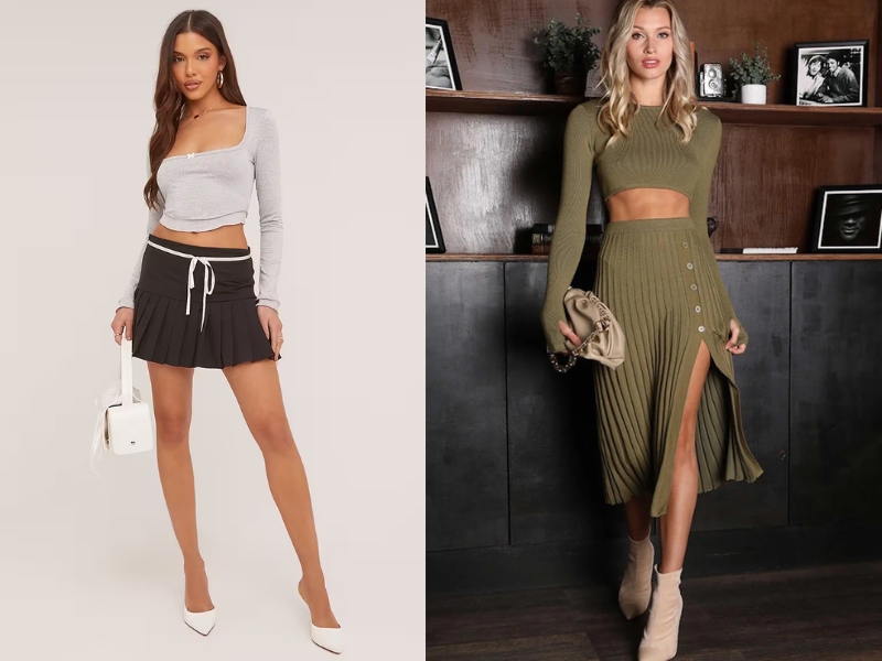 áo thun croptop tay dài và chân váy xếp ly