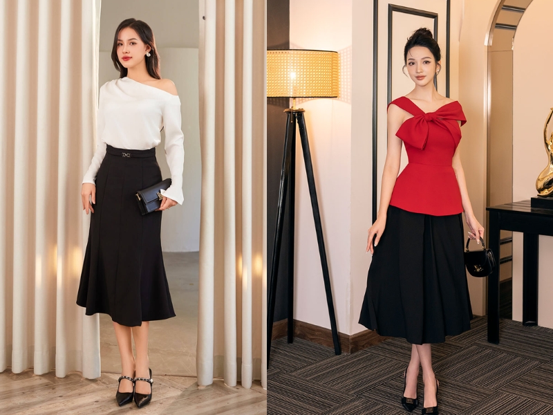 kết hợp áo trễ vai và chân váy dài