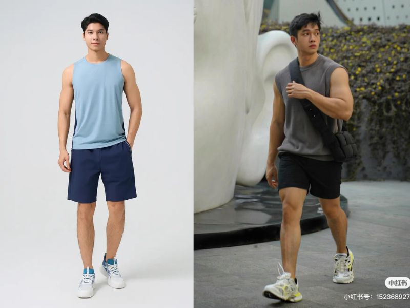 phối đồ với giày thể thao trắng áo tank top, quần short và giày trắng nam