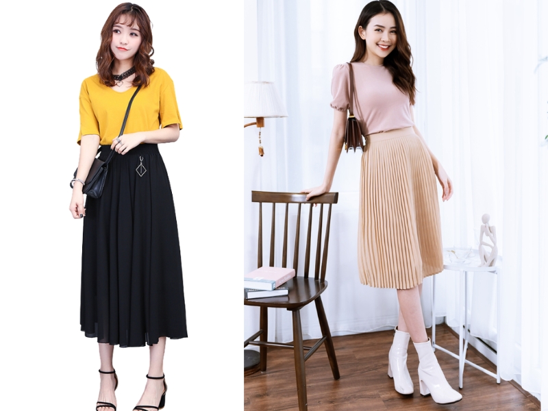 phối đồ với chân váy xếp ly dài mùa hè