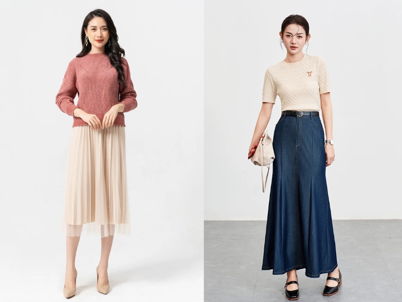 mix chân váy xếp ly dài mùa đông