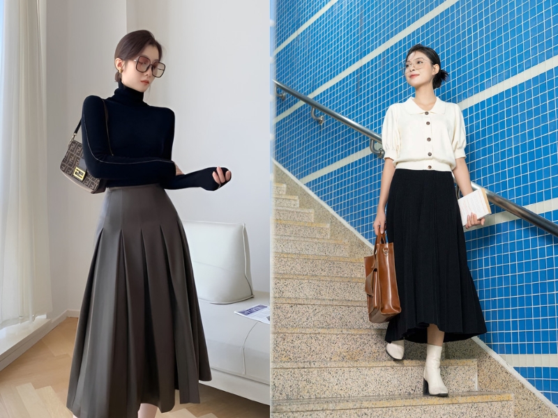 chọn chất liệu chân váy xếp ly dài theo mùa