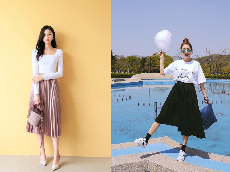 chân váy xếp ly dài phối với giày gì