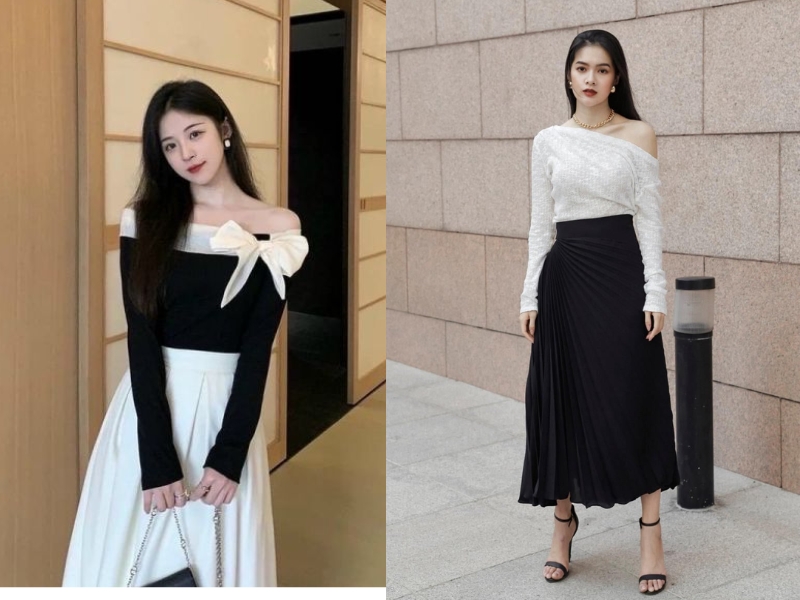phối chân váy xếp ly dài cho người lùn