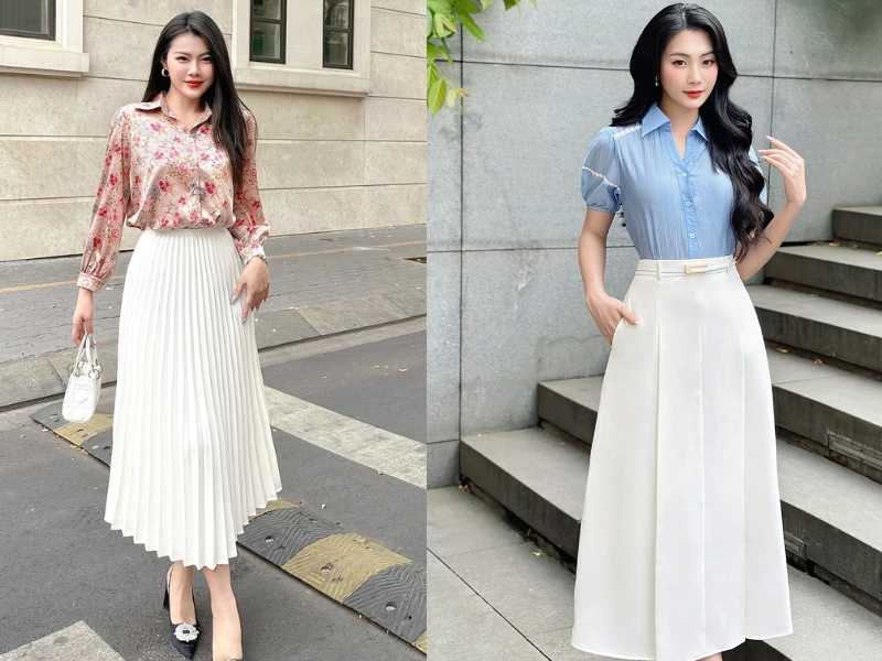 phối đồ với chân váy xếp ly dài màu trắng
