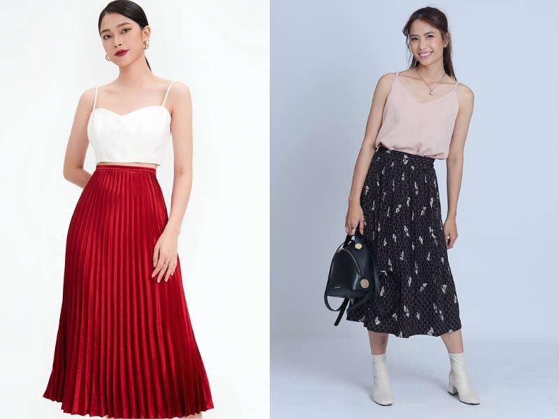 váy xếp ly dài phối với áo gì