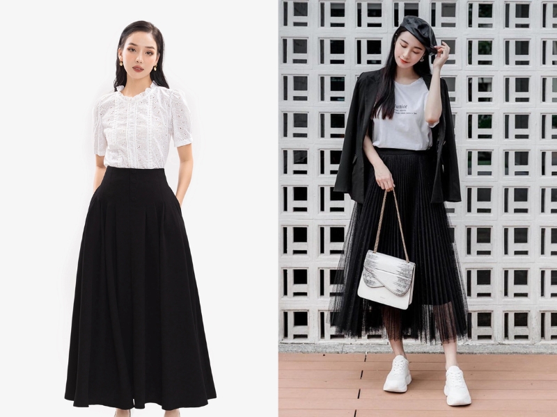 phối đồ với chân váy xếp ly dài màu đen