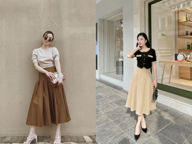 phối chân váy xếp ly dài cho người lùn