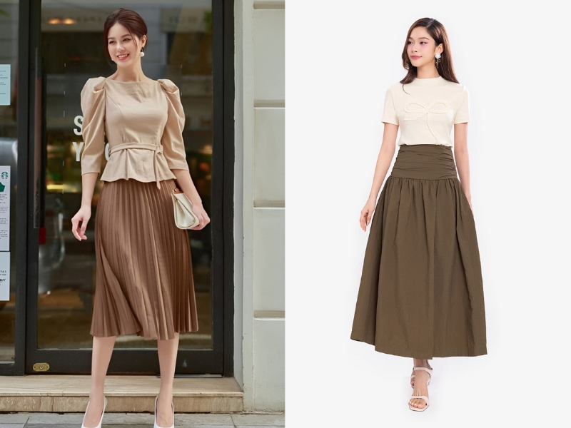 phối đồ với chân váy xếp ly dài màu nâu