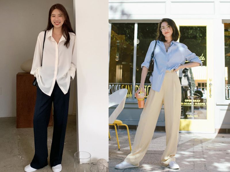 giày thể thao với áo sơ mi, quần ống suông
