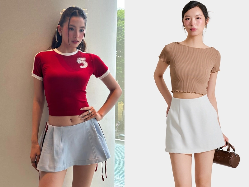 kiểu áo mặc với chân váy chữ a