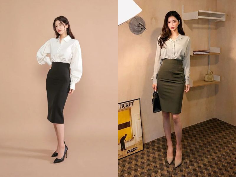 chân váy bút chì dài mặc với áo gì