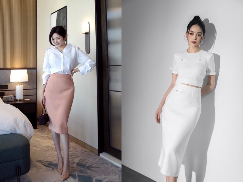chân váy bút chì dài mặc với áo gì