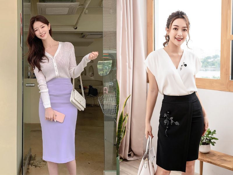 chân váy bút chì dài mặc với áo gì