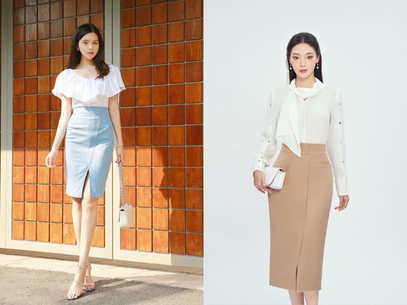 chân váy bút chì dài mặc với áo gì