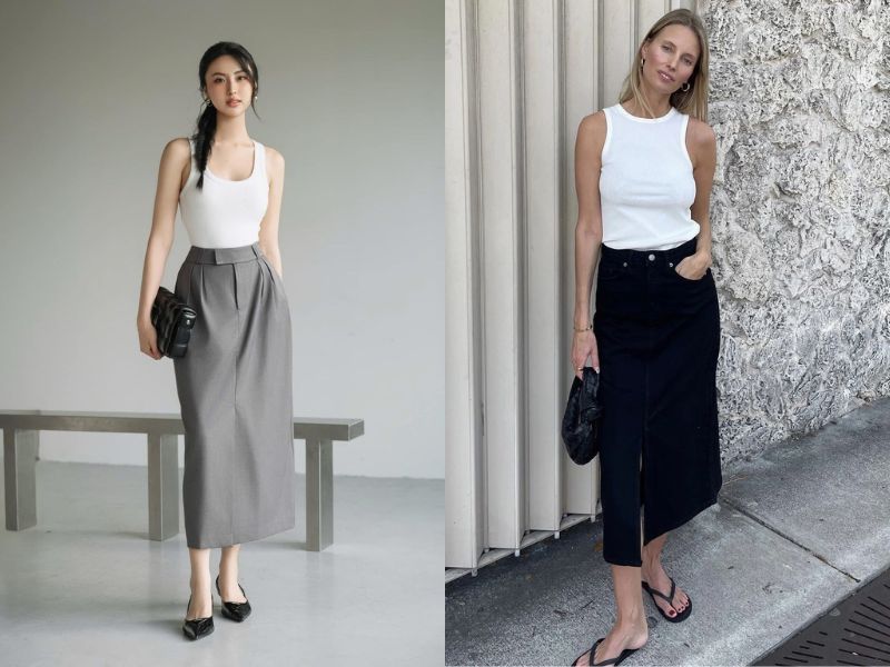 chân váy bút chì phối với áo gì