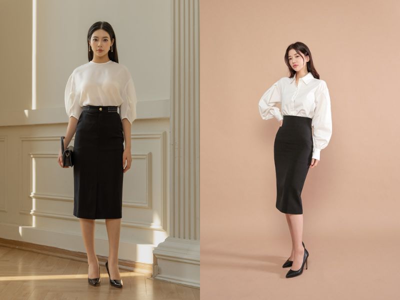 chân váy bút chì phối với áo gì