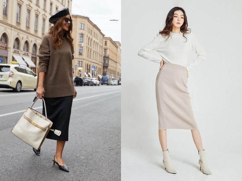 chân váy bút chì phối với áo gì