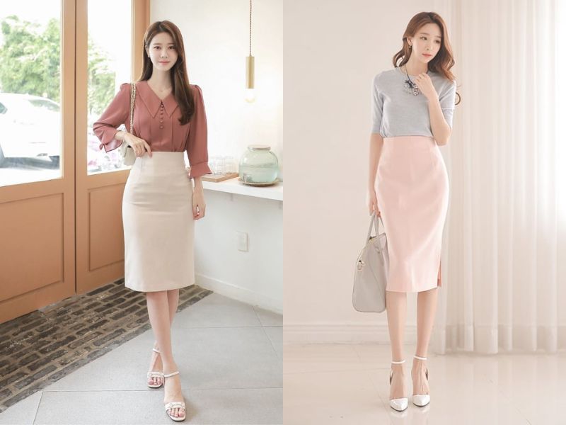 mix chân váy bút chì dáng dài