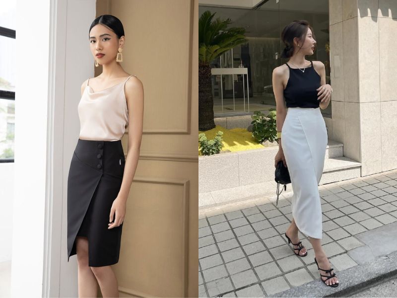 mix chân váy bút chì dáng dài