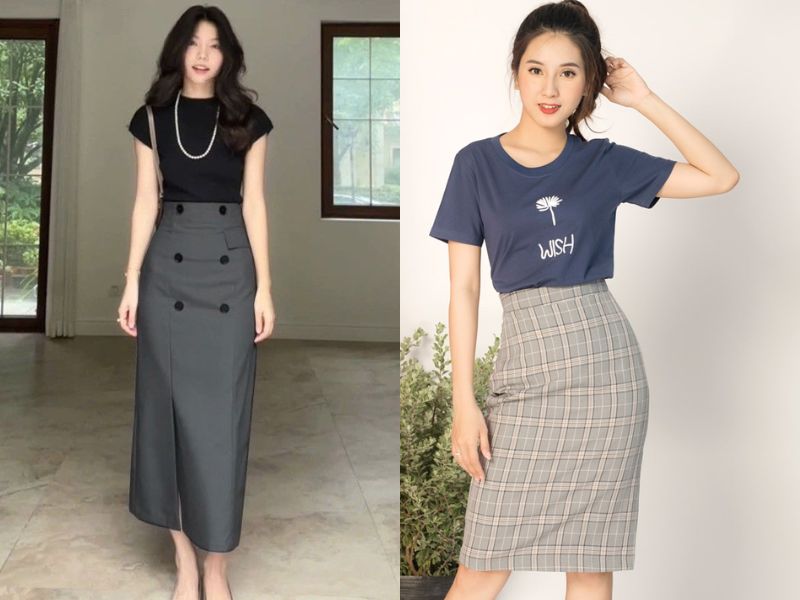 mix chân váy bút chì dáng dài