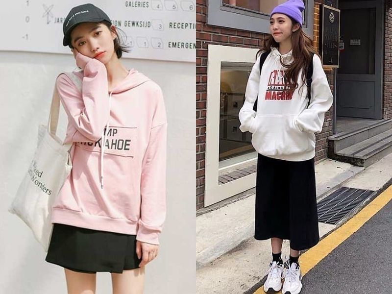 áo hoodie nữ phối với chân váy