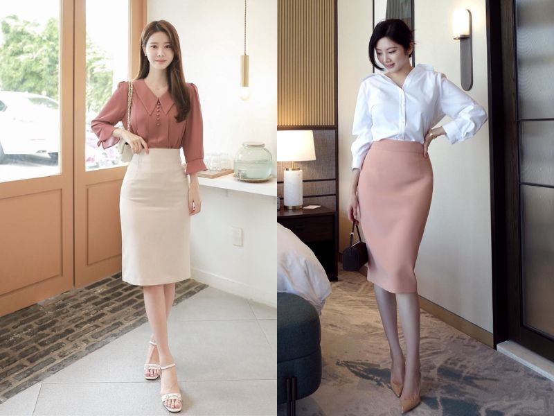 chân váy bút chì phối với áo gì