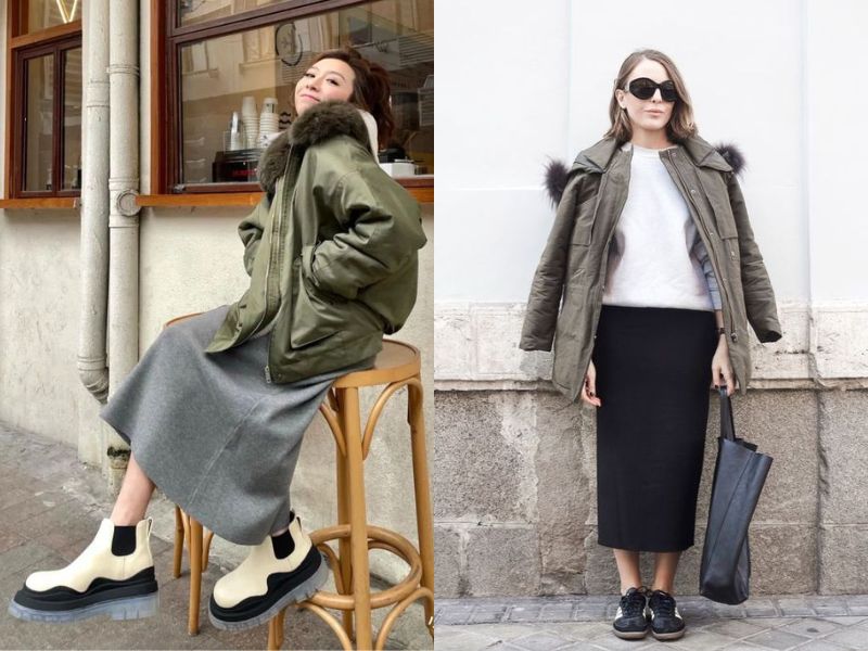 chân váy dài mặc với áo gì mùa đông