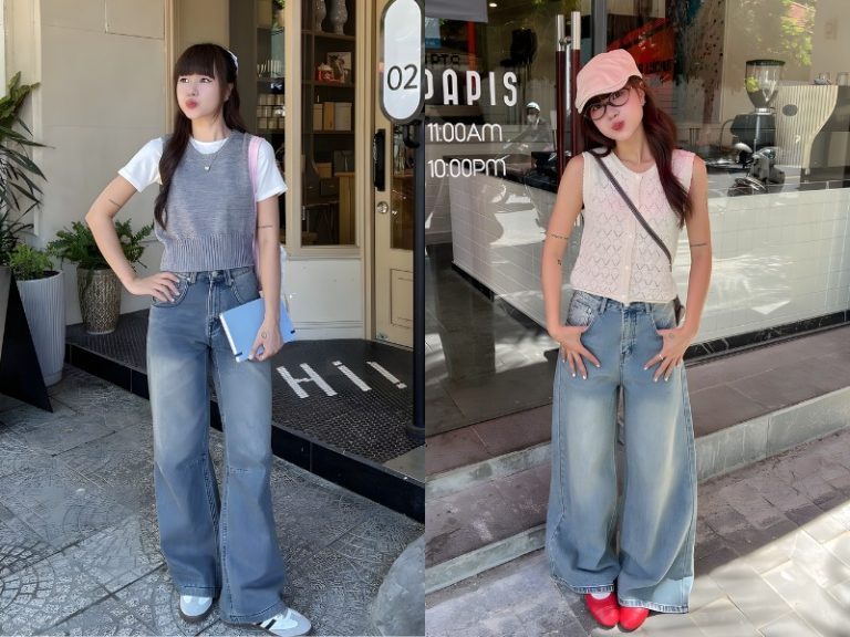 cách phối đồ với quần jean ống rộng