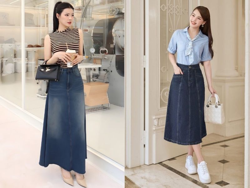 chân váy jean dài phối với giày gì