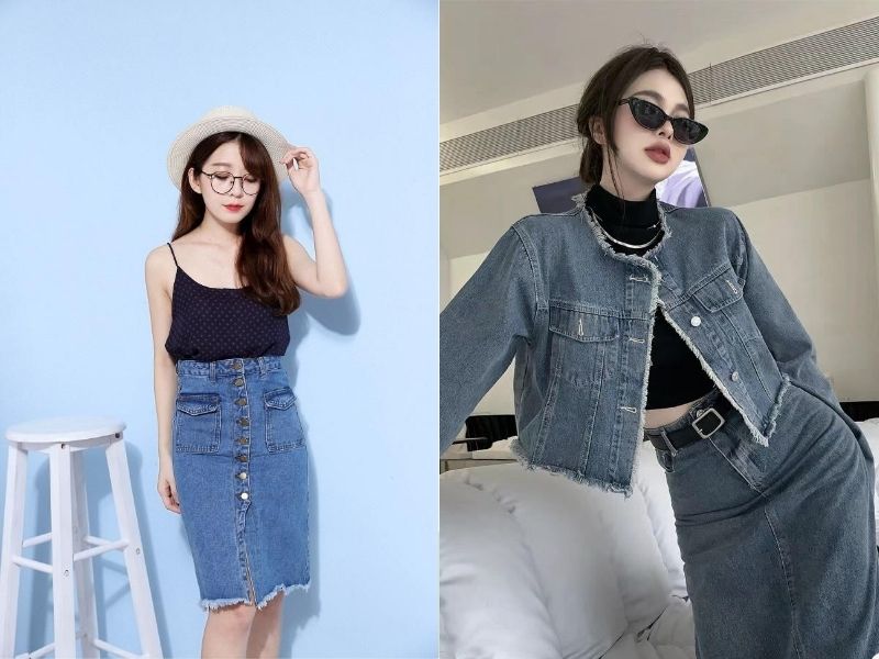 chân váy jean dài phối với áo gì