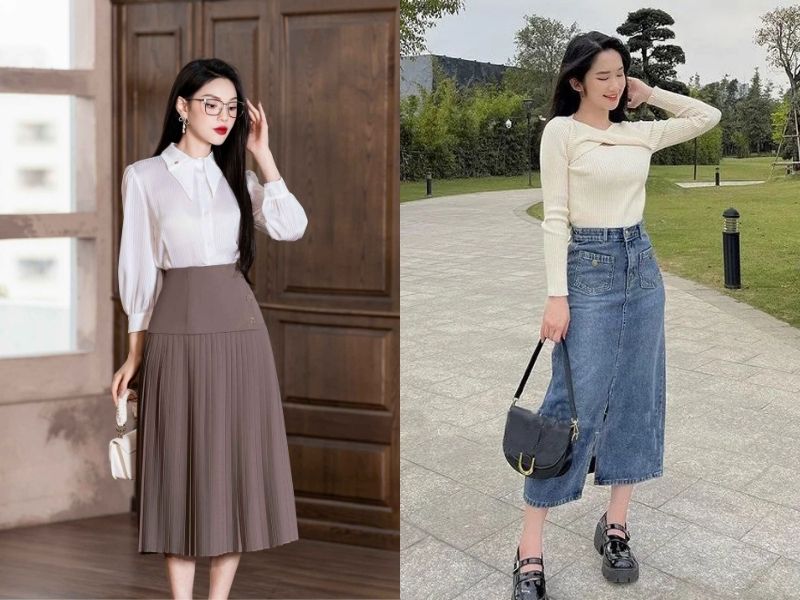 phối đồ với chân váy jean dài cho người lùn