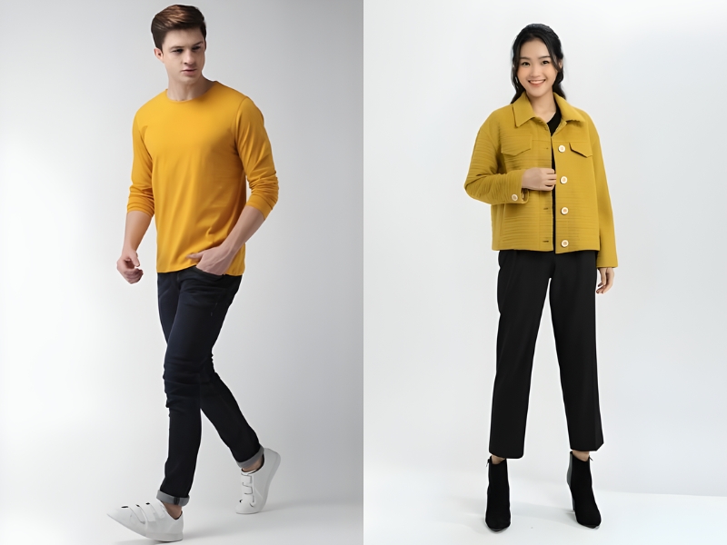 kết hợp với áo vàng tươi tắn, năng lượng