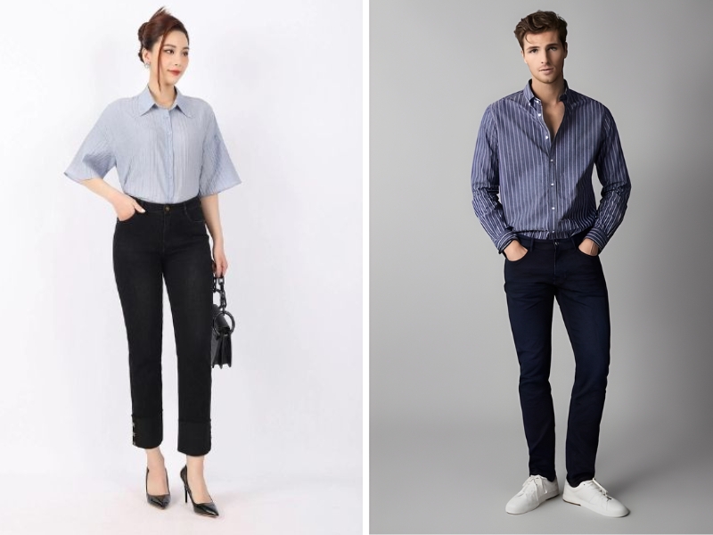 quần đen phối với áo sơ mi xanh dương