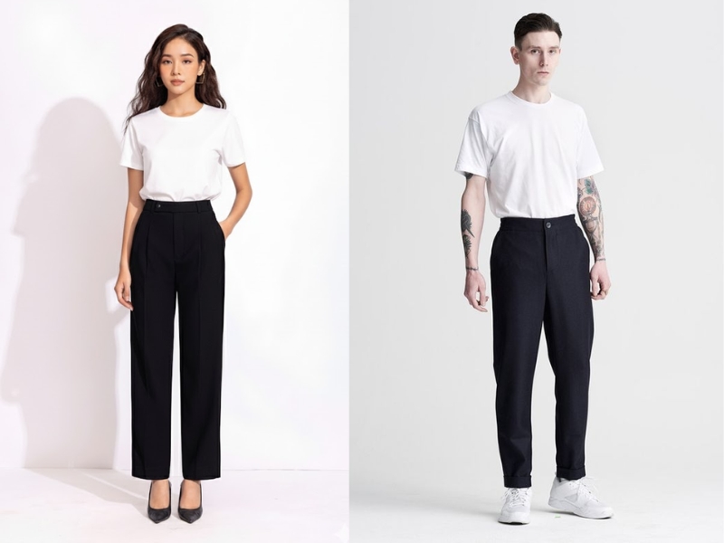 quần tây đen và áo thun trắng