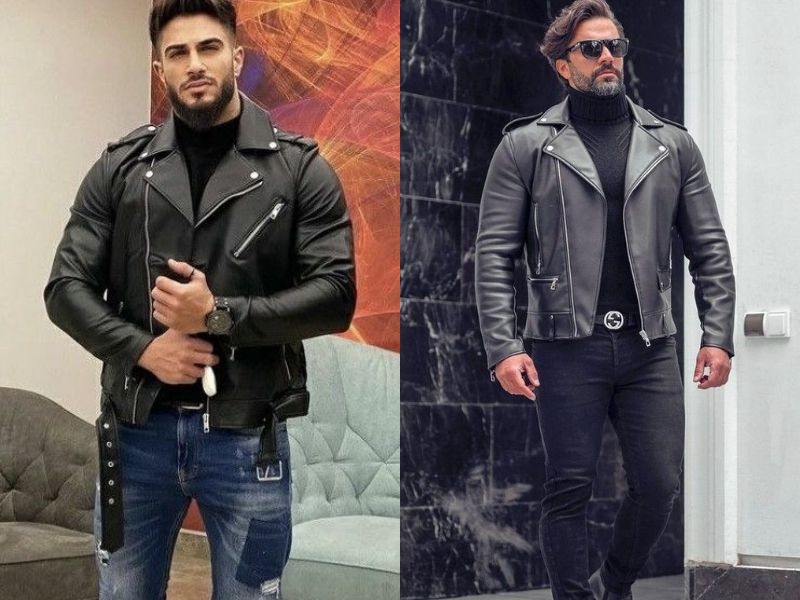 phối đồ đi đám cưới cho nam mập nam mập mặc áo khoác da và quần jean