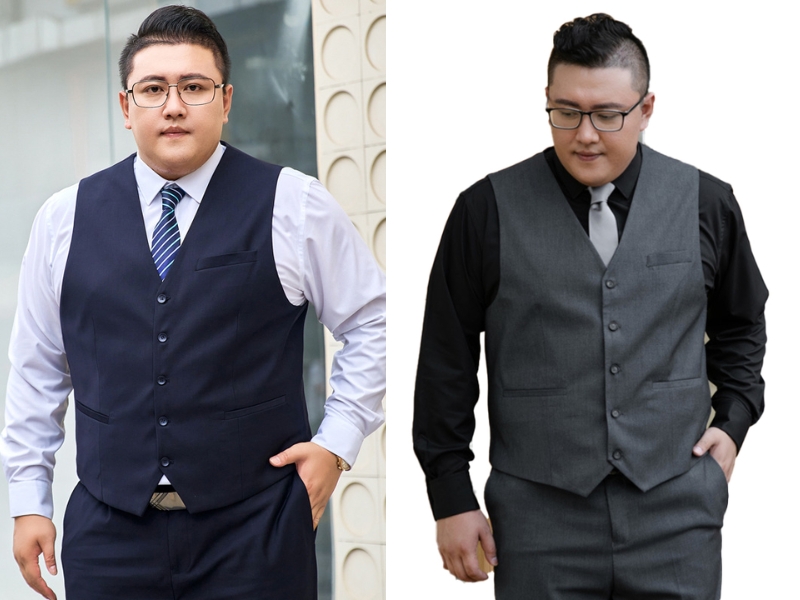 phối đồ đi đám cưới cho nam mập mix áo sơ mi và áo gile cho nam mập