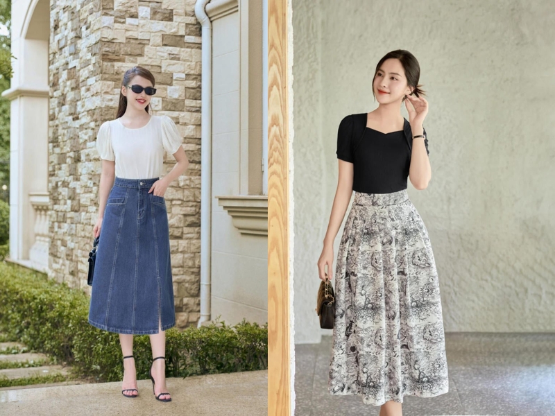 phối đồ đi đám cưới cho nữ lùn mặc áo kiểu và chân váy chữ a cạp cao