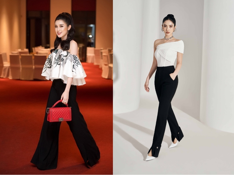 phối đồ đi đám cưới cho nữ lùn áo trễ vai cùng quần ống loe